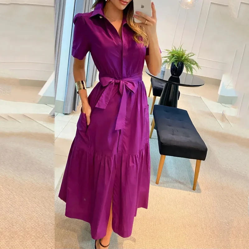 

Women's Dresses 2023 Spring Fashion Turn-Down Collar Short Sleeve Solid Color Pocket Design Casual Daily Long Dresses For Women