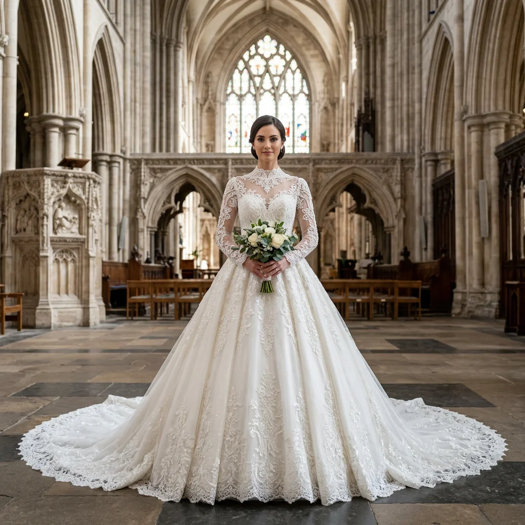 High Neck Long Sleeve Lace Ball Gown Wedding Dress Cathedral Train Royal Modest Bridal Gown