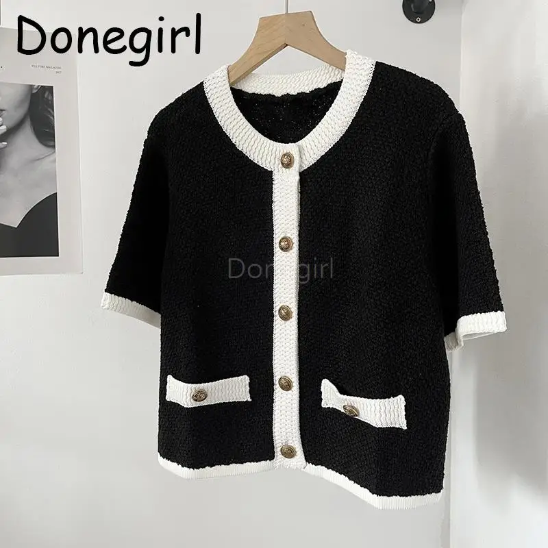 Donegirl 2023 nuova primavera estate donna girocollo manica corta monopetto maglione lavorato a maglia elegante pendolare top donna Chic