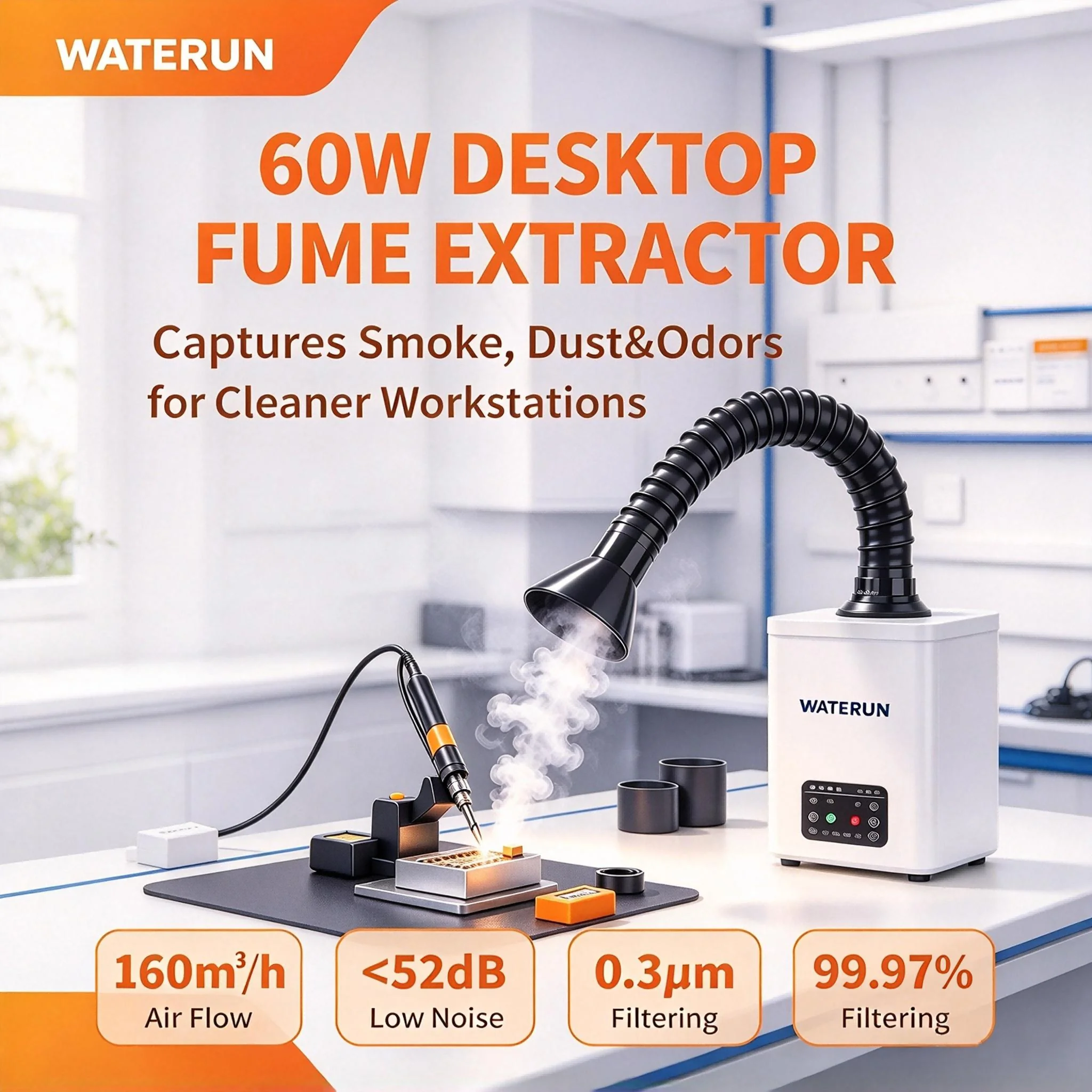 Waterun 60W Desktop Soldering Fume Extractor 3 Speeds Smoke Absorber Purifier for Welding Laser Engraving Electronic  DIY Work