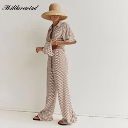 2023 Summer Print Casual Sets for Women Turn Down Collar Long Sleeve Tops + High Waist Loose Wide Leg Pants Two Piece New Suits