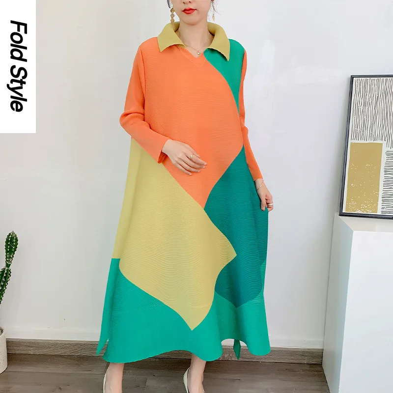 

Wrinkle Simple Color Women's Dress 2024 New Spring and Autumn Season Oversized, Stylish Orange Dress Long Dress