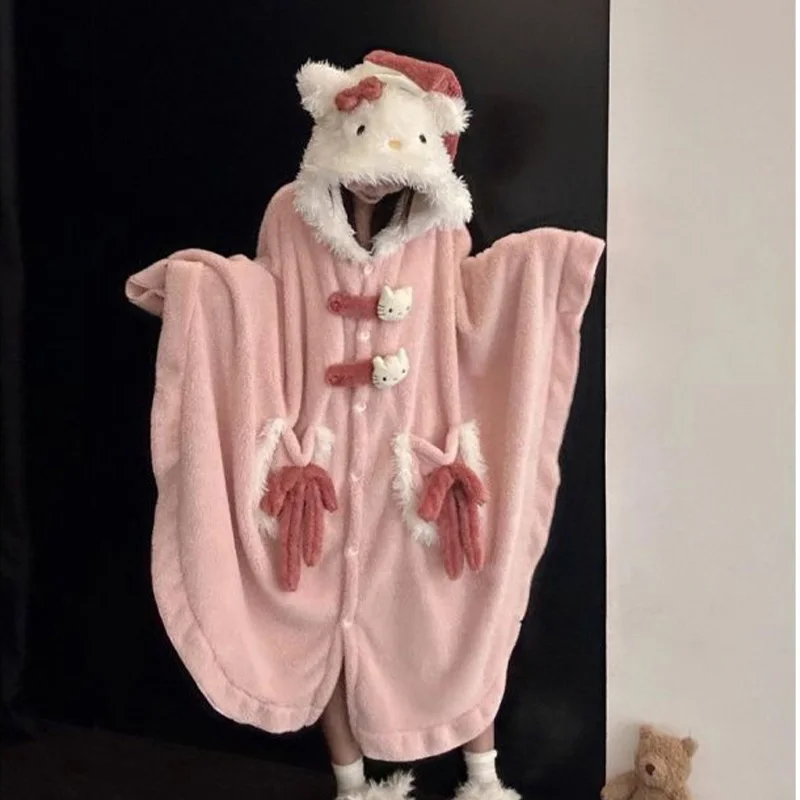 

Cartoon Sanrio Kawaii Hello Kitty Hooded Robe Girl Winter Thickened Coral Fleece Warm Homewear Wearable Outerwear Christmas Gift