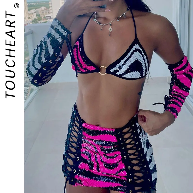 

Toucheart Erotic Lingerie Three Colors Stripe Halter Bikini with Short Skirt 4PCS Women Hollow Out Delicate Premium Split Kit