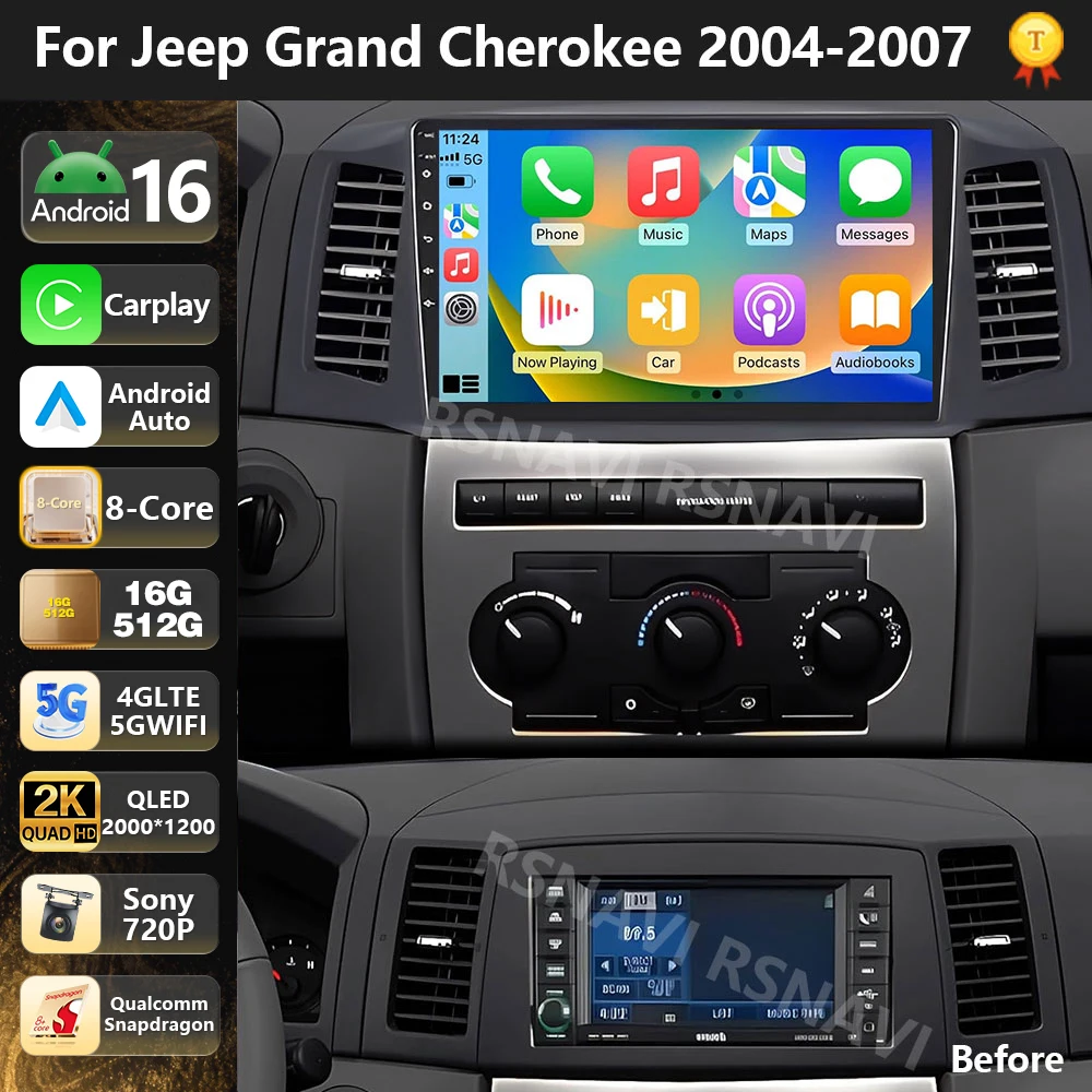 

Qualcomm Android 16 Car Radio Multimedia Player For Jeep Grand Cherokee 2004 - 2007 Carplay Auto Car AI Voice Dsp Stereo WiFi4G