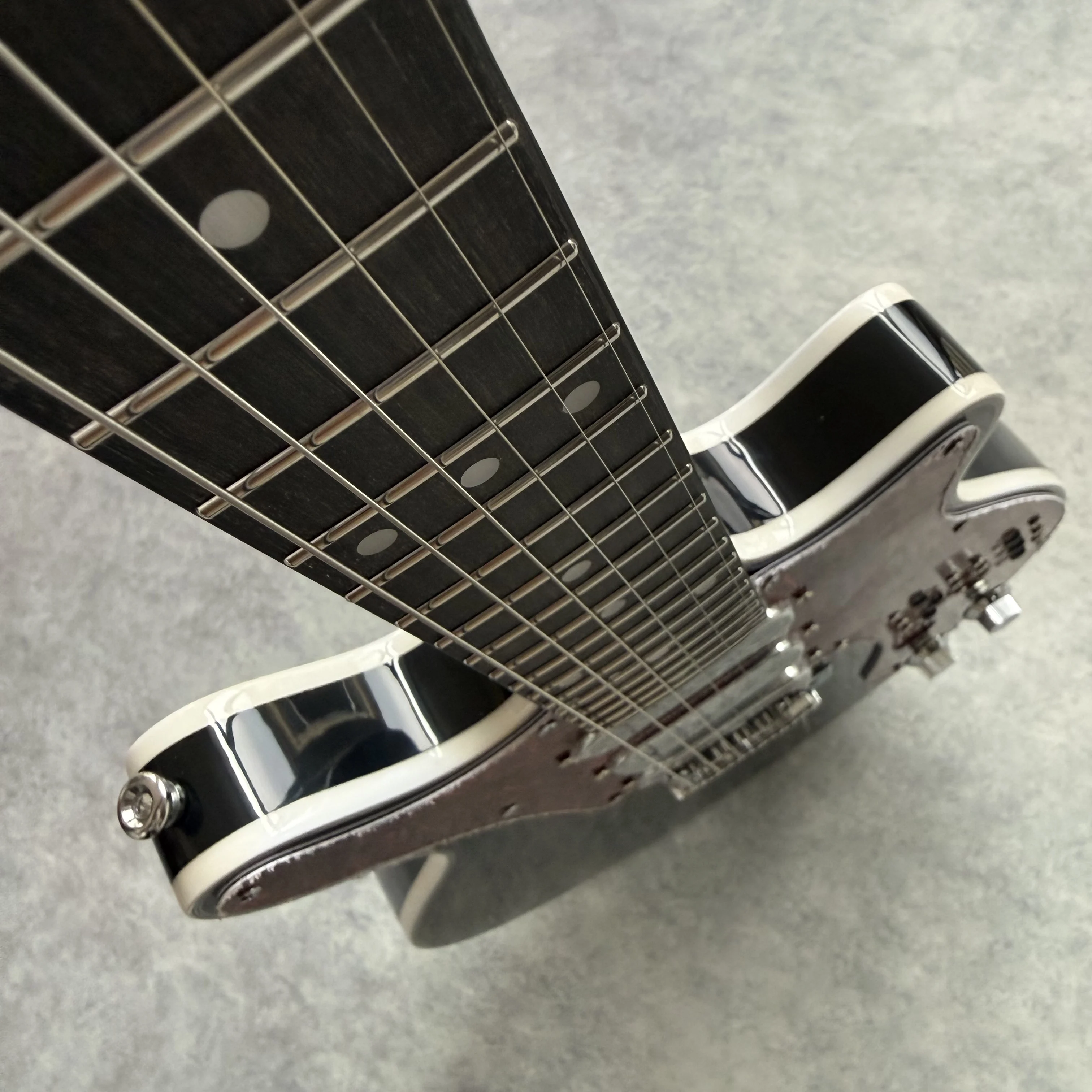 6 String Solid Body Electric Guitar, Gloss Black Finish with White Binding, Red Pearl Pickguard, 3 Single Coil Pickups