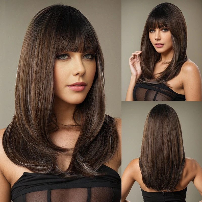 

Europe Middle East new wig short hair female flat bangs brown gradual change over the shoulder Korean women's group chemical fib