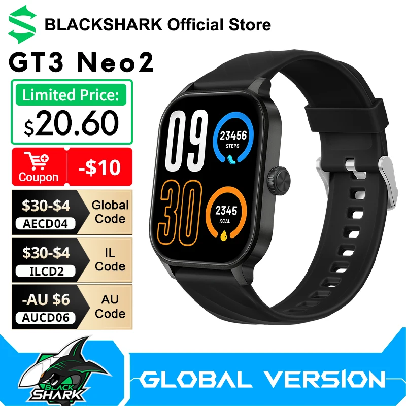 Smartwatch Black Shark GT3 Neo2 com Tela HD de 2.01", Chamada Bluetooth ENC, Monitor de Frequência Cardíaca, 8 Dias de Bateria, Relógio Fitness IP68