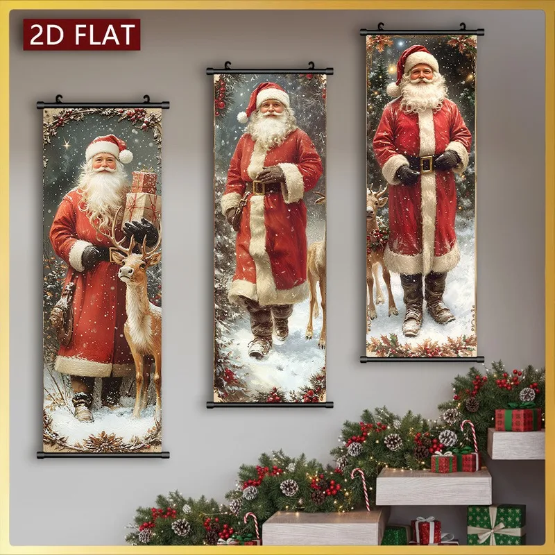 VIKAMA 3PCS Christmas Wall Hanging Set, Vintage Santa Angel Classical Scroll Banner for Xmas Home Decor