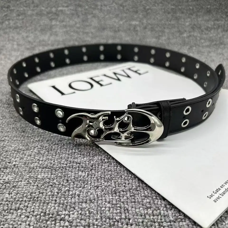 Express Genuine Leather Y2K Belt | Off Black & Silver Metal Detail | Unisex | New Stylish Y2K Hollow PU Leather Fashion Punk Belt For Men  main image 3