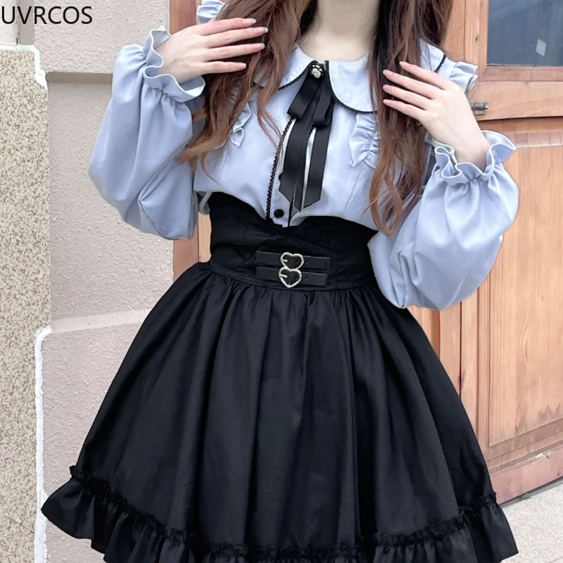 Japanese Gothic Lolita JK Skirt Sets Women Kawii Peter Pan Collar Off Shoulder Shirts Mini Skirts Harajuku Y2k School Girls Suit