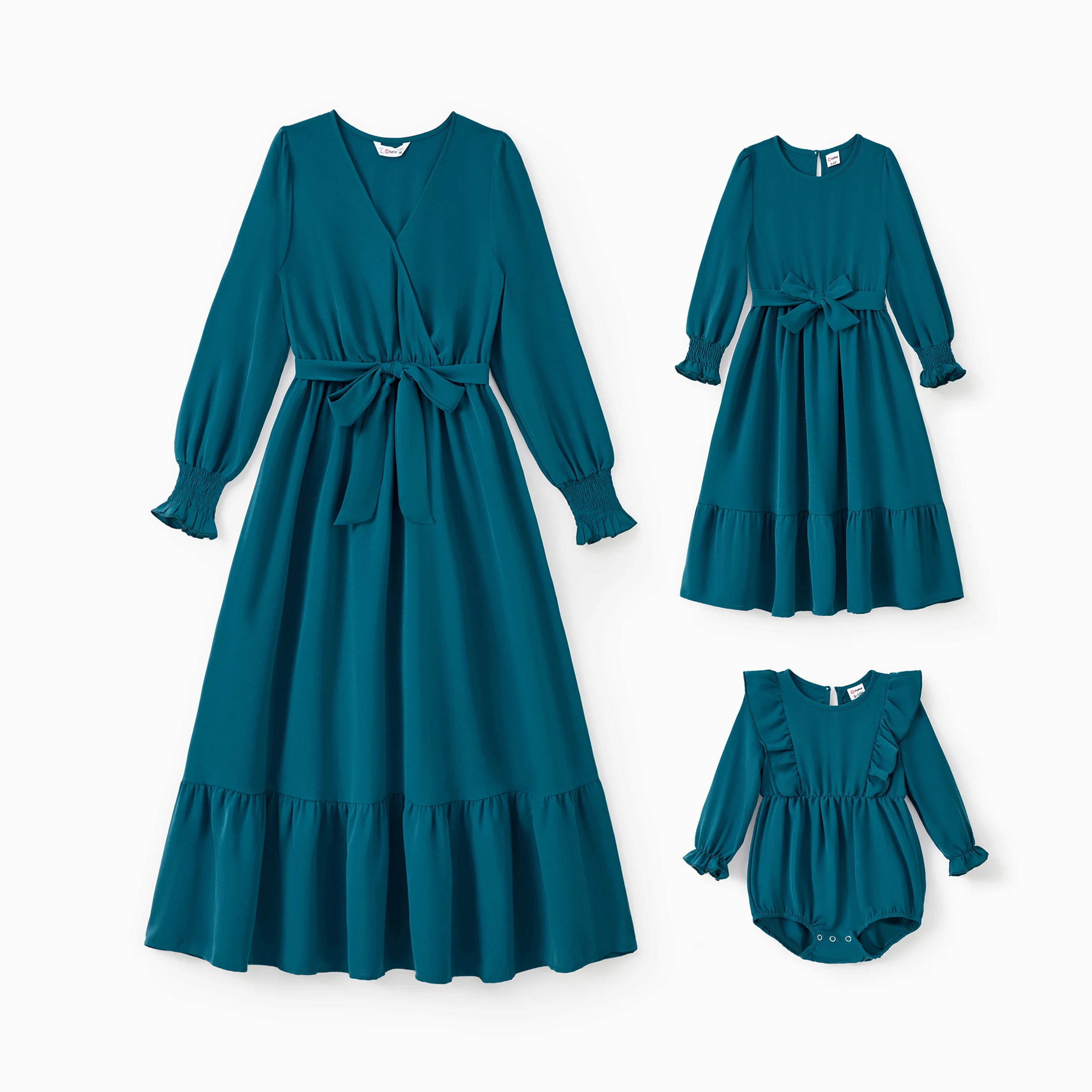 

PatPat Mommy and Me Ice Silk Crepe Fabric Blue-Green Long Sleeves Wrap Top Ruffle Hem Belted Dress with Hidden Snap