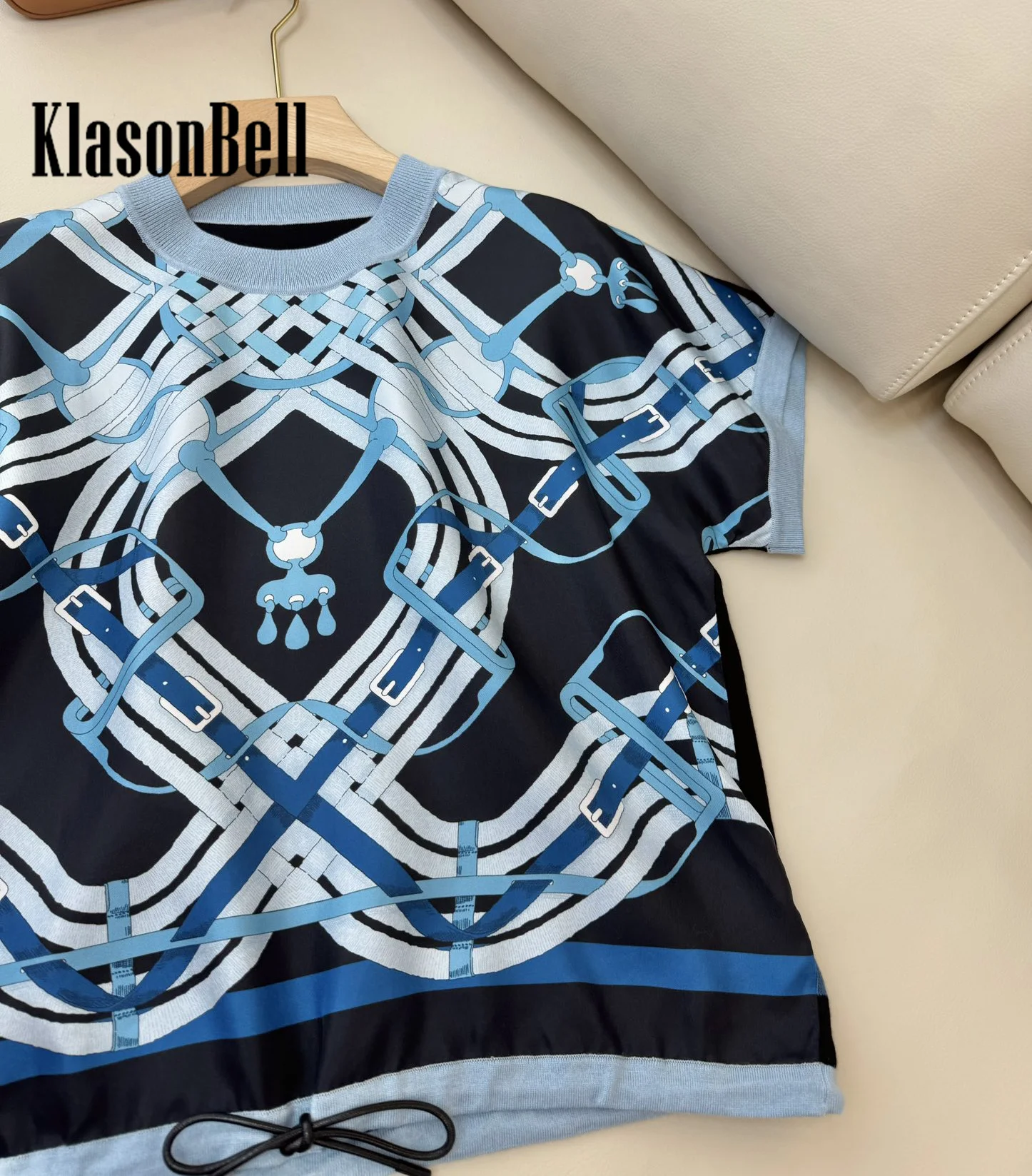 9.4 KlasonBell Women Drawstring Bandage Hem Design Classic Fashion Lock Chain Print Silk Spliced Short Sleeve Loose T-Shirt