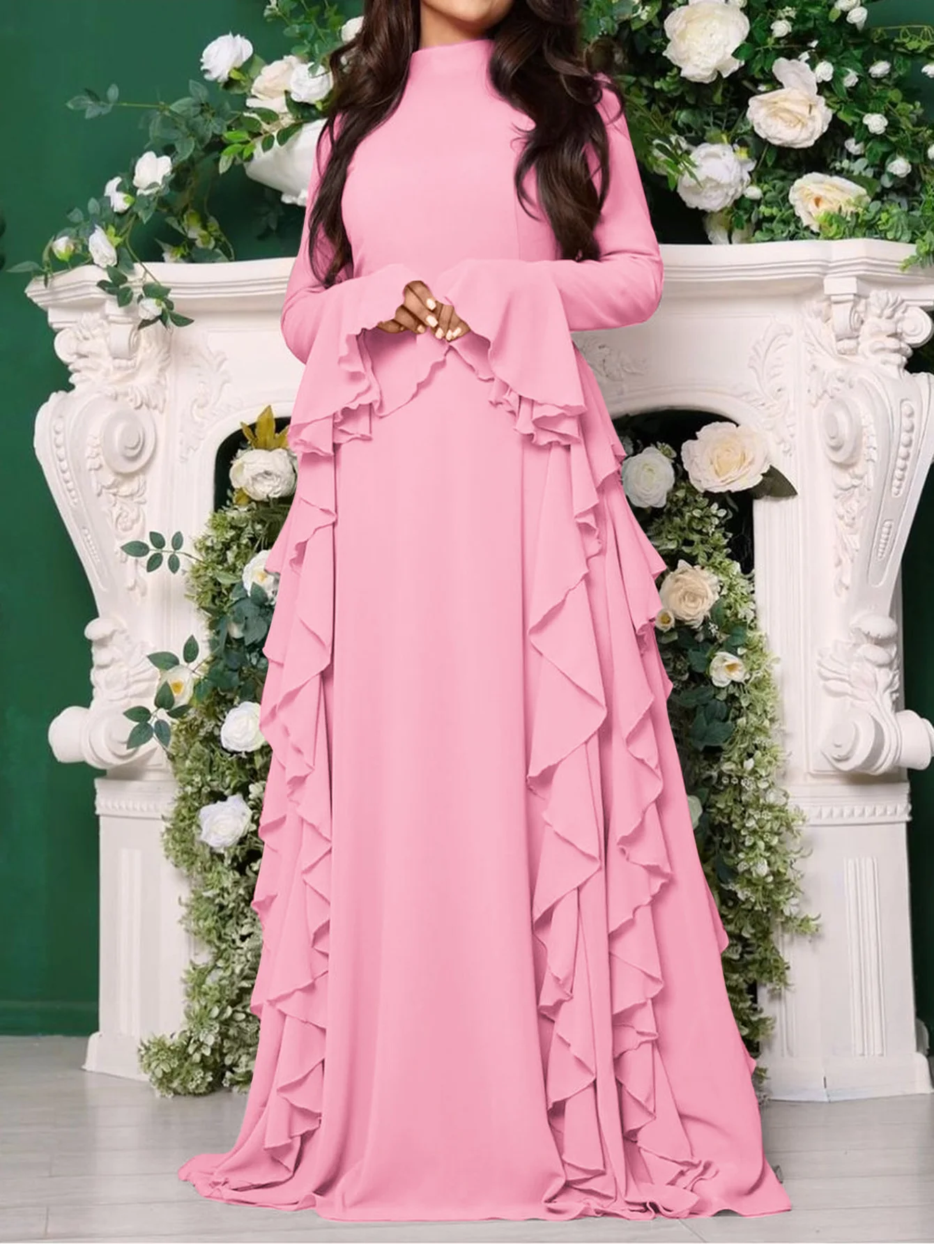 Elegant and casual high waisted solid color trumpet sleeve dress, long skirt, long sleeve