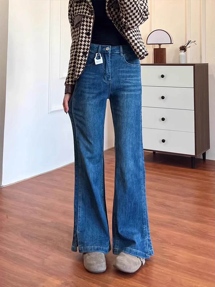

High Waist Bell Bot Jeans Women's Spring Autumn plus Size Elastic Slimming Skinny Jeans Long Pants Deep Color Denim Jeans