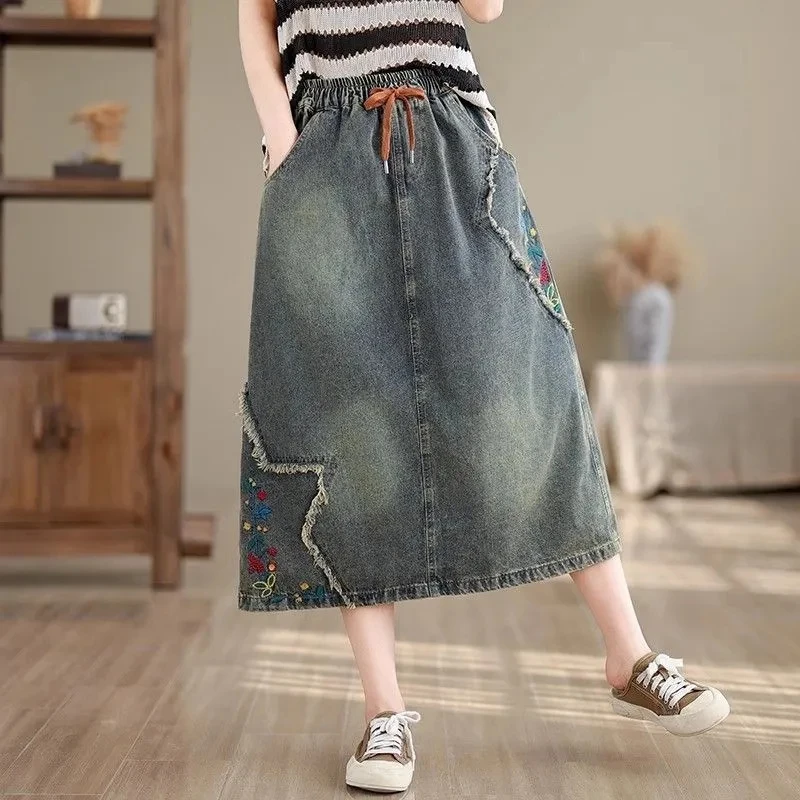 High waist Embroidered Denim Skirt For women Spring Summer 2026 Loose Elastic waist tie Versatile  A-line Long Skirts Female