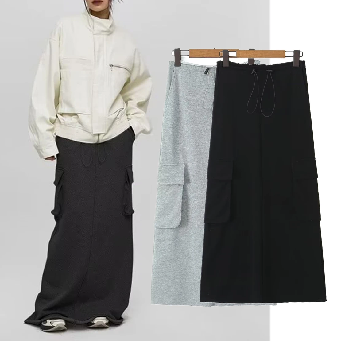 Withered High Street Fashion Drawstring Burrs Straight Long Skirt High Waist Side Pockets Vintage Work Skirt Women