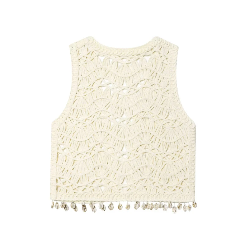 KEANKETIAN 2025, novedad de verano, chaleco calado con decoración de concha para mujer, chaleco para vacaciones, Top corto sin mangas con cuello en V, ropa de playa