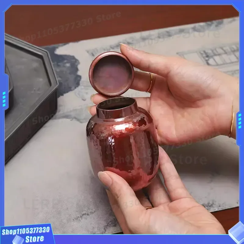 Handmade Retro Copper Tea Pot for Pu Er Sealed Storage Jar with Lid Small Travel Tea Set Portable Mini Warehouse Container