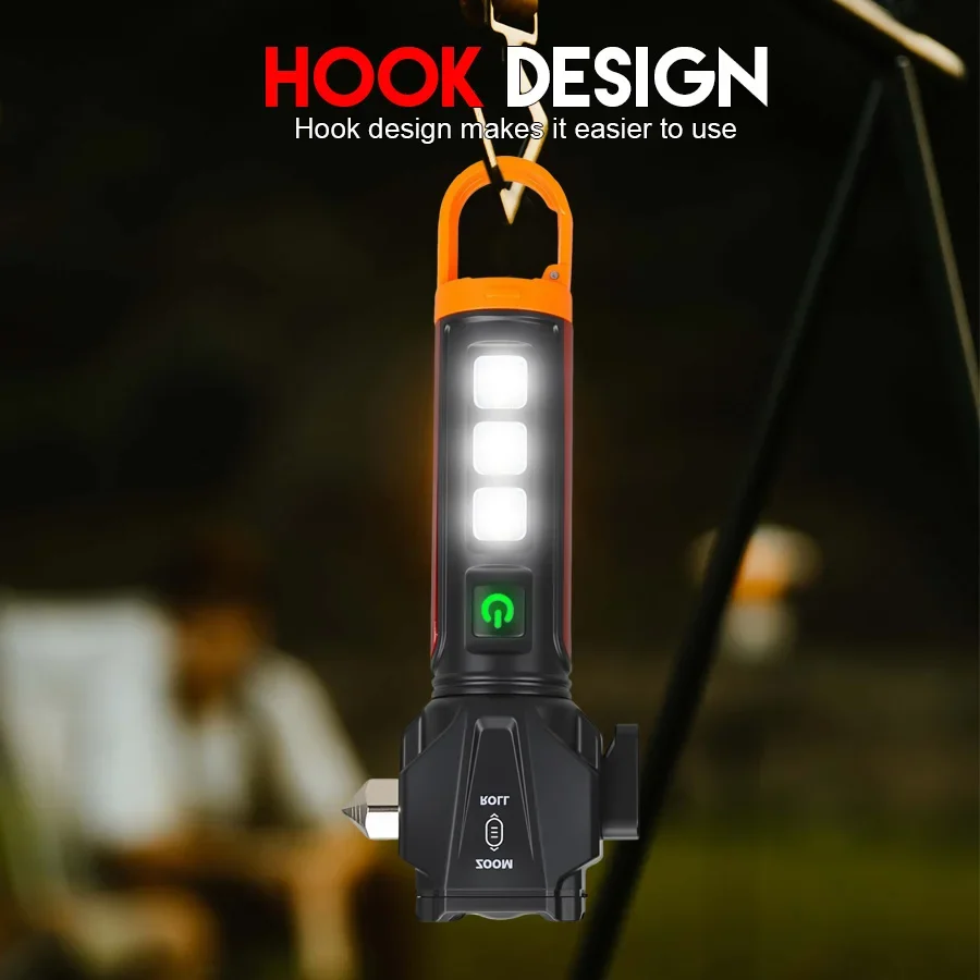 مصباح يدوي 5 في 1 تكتيكا lLED مع مطرقة أمان وقاطع حزام الأمان، ستروب SOS، معدات نجاة قابلة لإعادة الشحن للدفاع عن EDC في الهواء الطلق