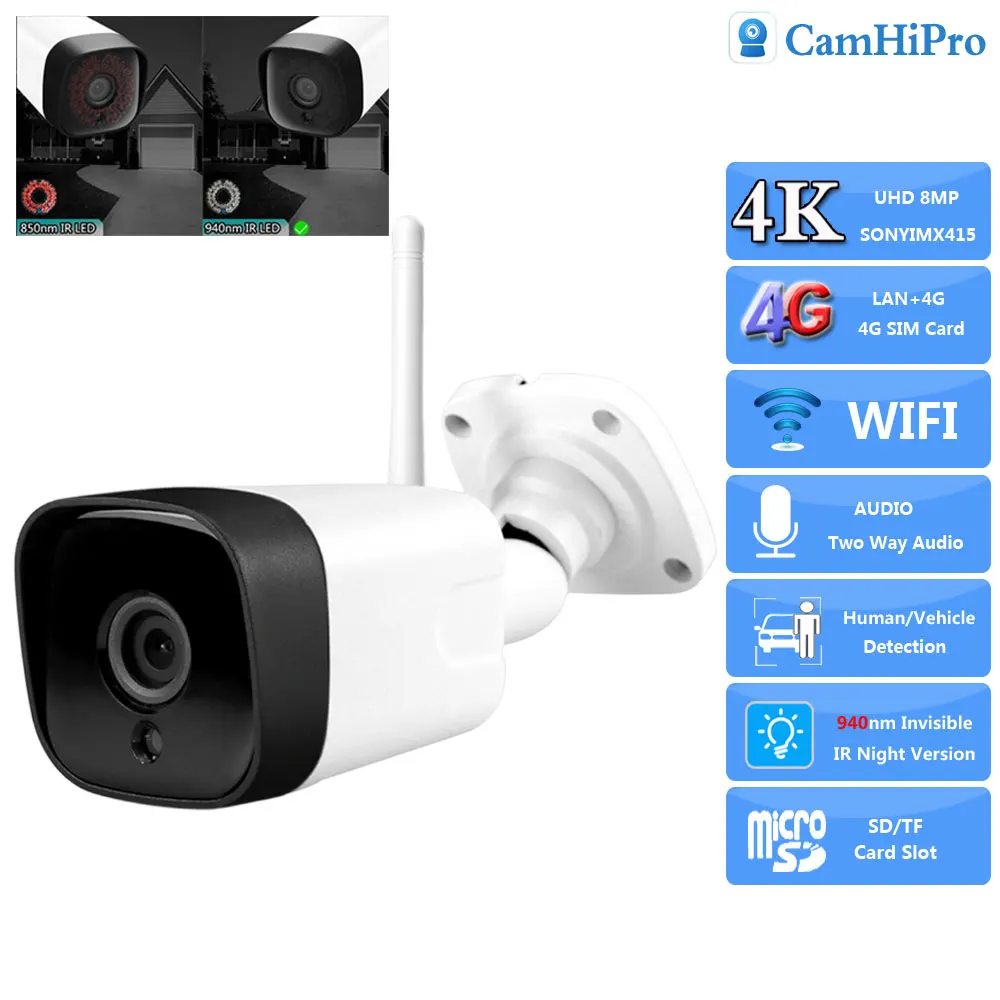 3G 4G SIM Card 4K 8MP SONY415 Wireless Security IP Camera Wifi 940nm Invisible IR Night Version Bullet Camera Two Way Audio