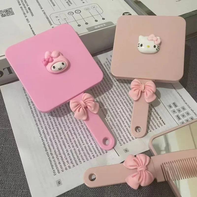 New Style Hello Kitty Pull-out Handle Mirror with Comb Portable in Hand Cosmetic Mirror Sweet Maiden Specific Mirror Comb As One