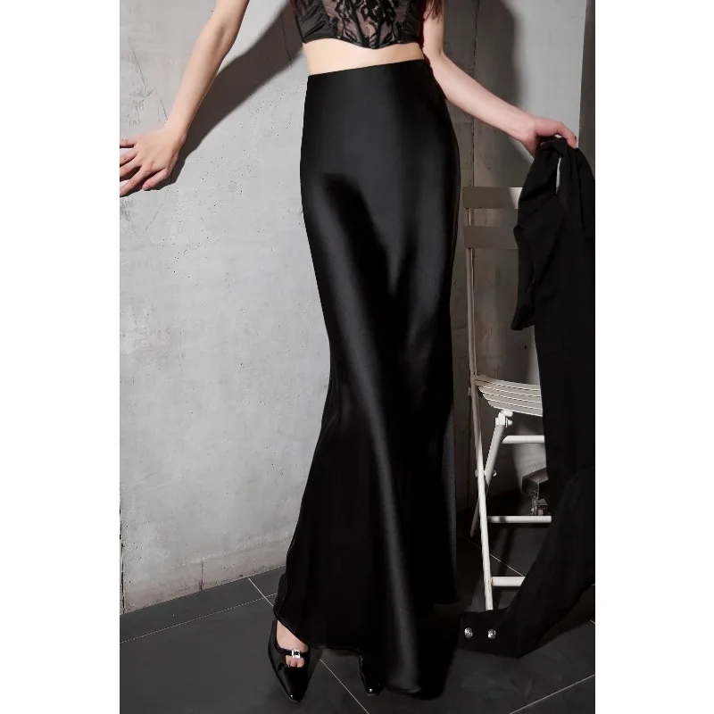 

Summer New Tall Acetate Satin Half length Skirt for Women with Light Sensation Double sided Satin Gilded Light Drop Tail Skirt