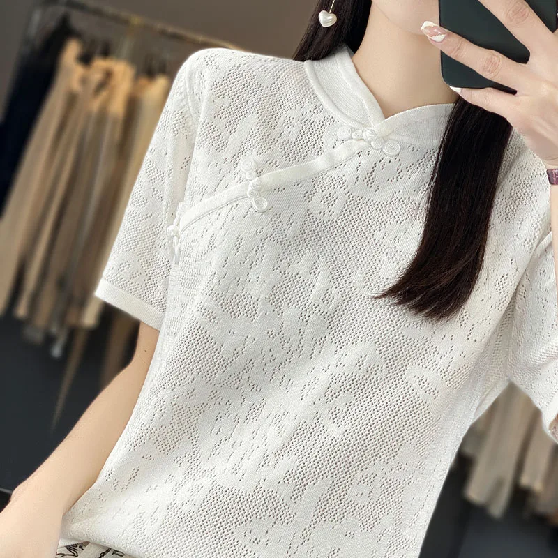 New Summer Women Chinese Buckle Sweater T-shirt Short-sleeve Three-dimensional Jacquard Hollow Pullover Tees Casual Knitted Tops