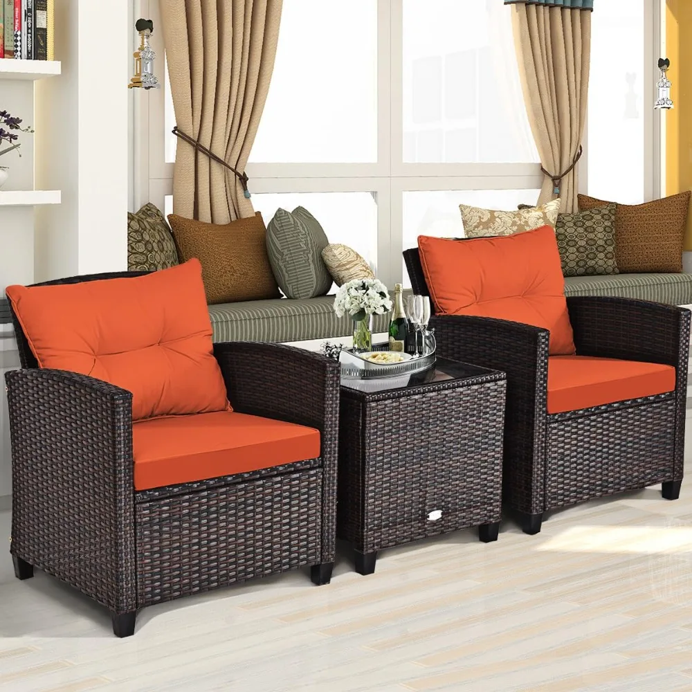 

3 Pieces Patio Furniture Set, PE Rattan Wicker 3 Pcs Outdoor Sofa Set w/Washable Cushion and Tempered Glass, Customized