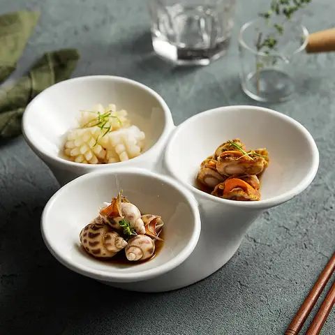 호텔 식기, 절묘한 흰색 3 그리드 소형 접시, 상업용 세라믹 플래터, 스낵 접시, 차가운 접시 배치 장식