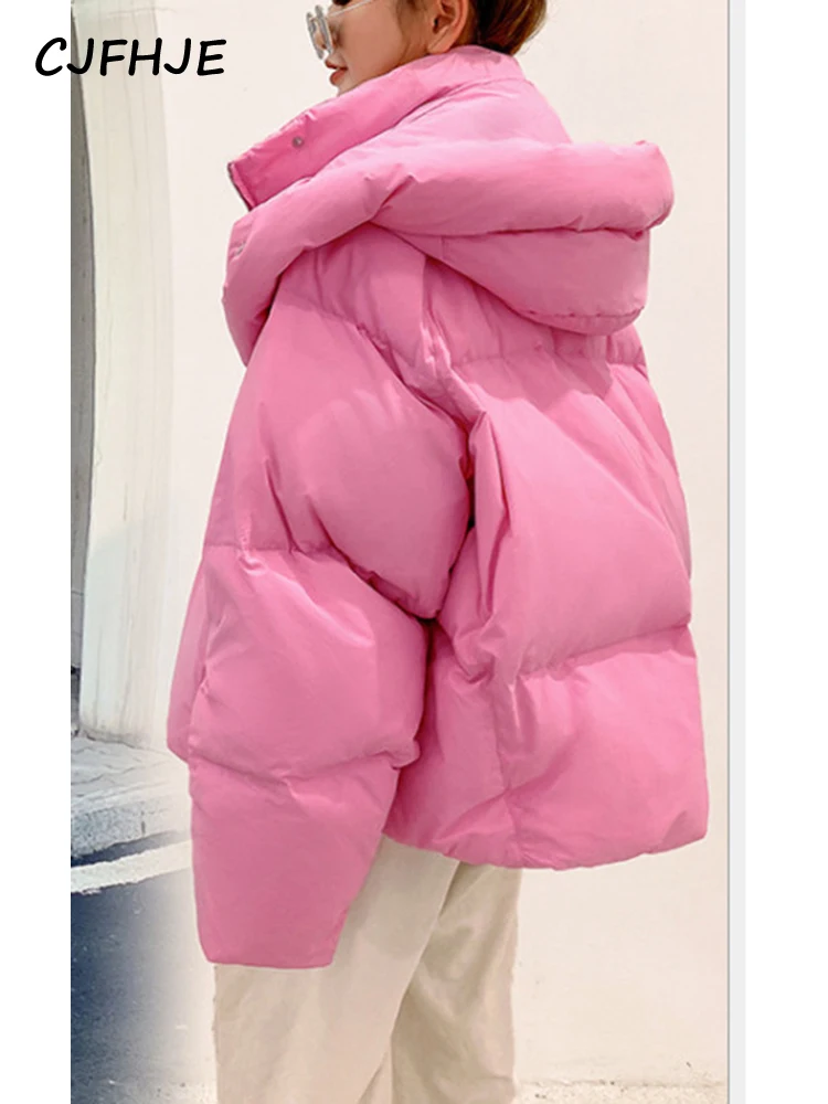 CJFHJE New Fluffy Hooded Bread Down Jacket Women Winter Korean Thick Fashion Solid Color Women\'s Loose Long Sleeve Short Jacket