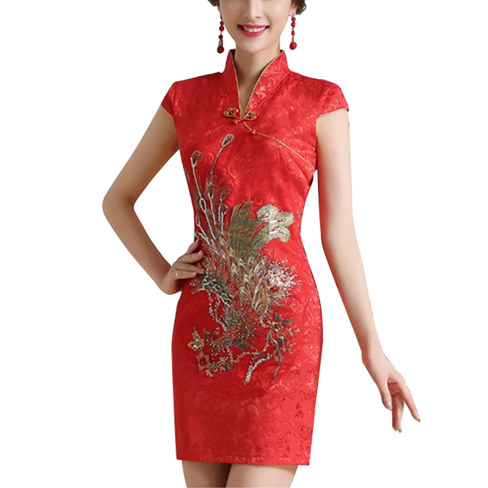 

Traditional Chinese Women Wedding Cheongsam Short Sleeve Size L Classic Bridal Gown Pattern Chinese