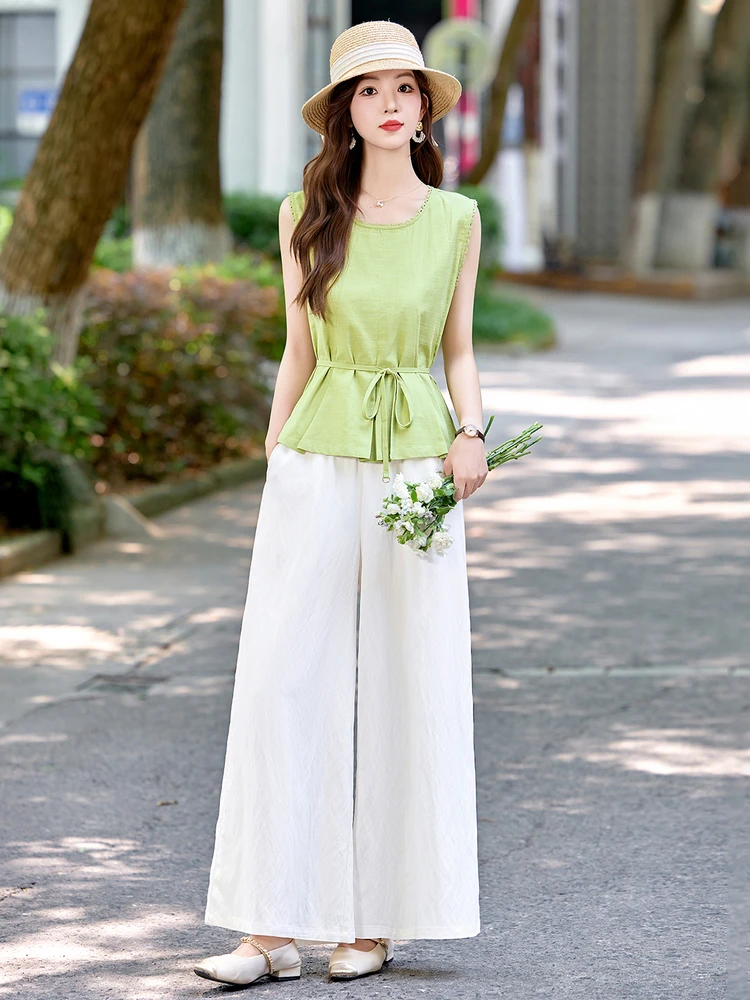 ファッショナブルなラウンドネックベストとハイウエストワイドレッグパンツのツーピースセット、韓国風シンプルサマー新作レディース