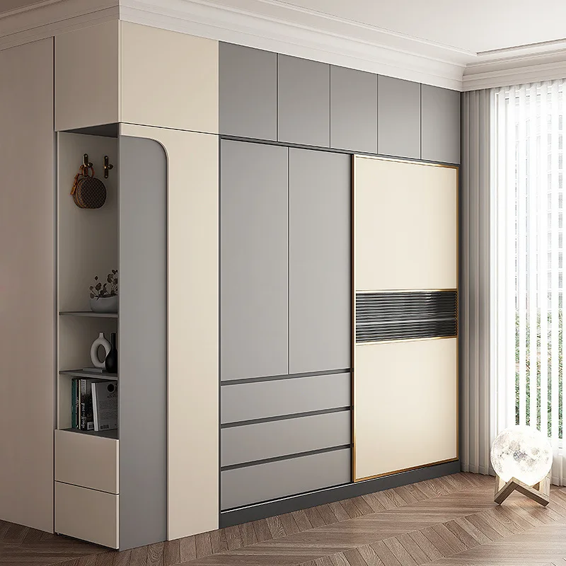 Modern Integrated Wardrobe Beige Grey Gold Accent Open Shelves Drawers Sliding Door Bedroom Storage cabinet bedroom furniture