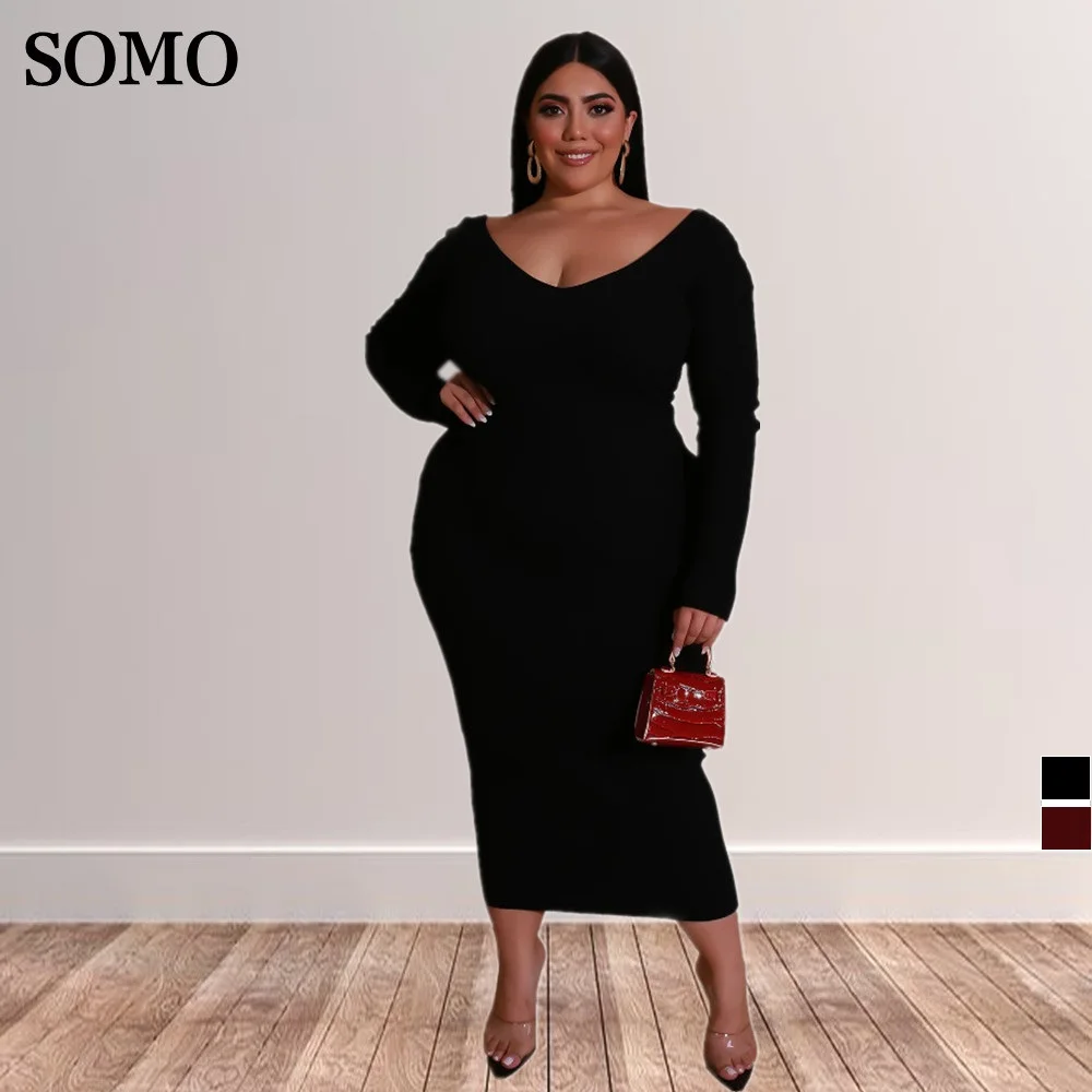 SOMO Fall Women Clothes V Neck Casual Dresses Pit Strip Simple Pure Color Elegant Long Dress Plus Size Wholesale Dropshipping