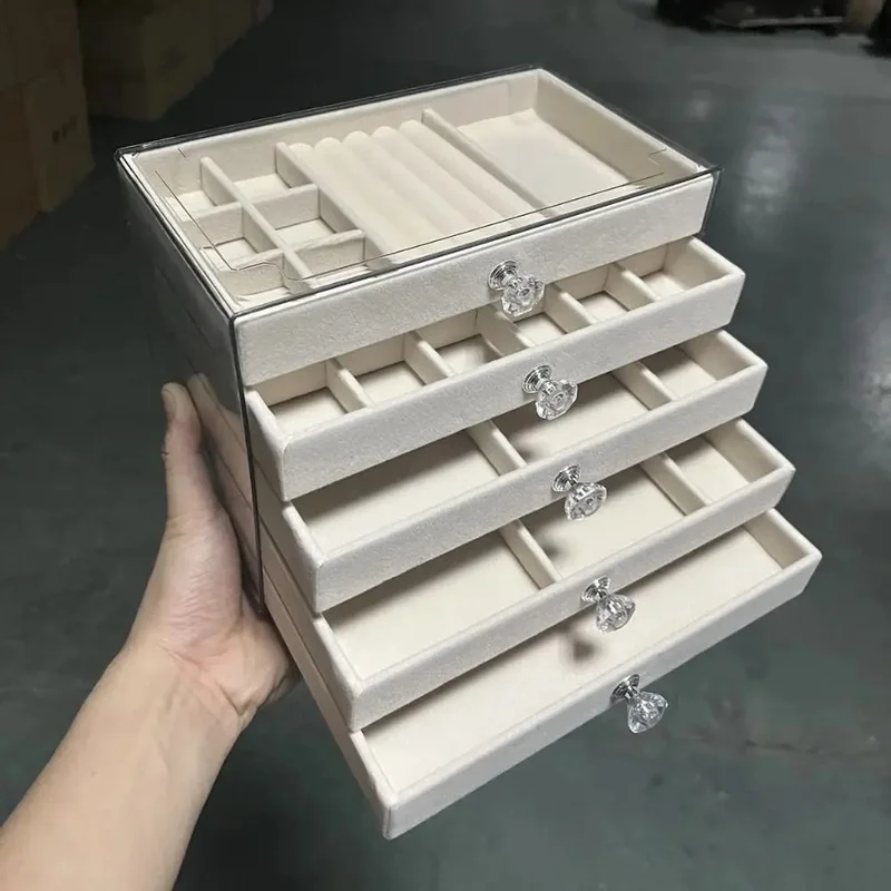 Transparent Acrylic Jewelry Storage Box with Velvet Lining, Drawer Organizer for Earrings Rings Necklaces Bracelets