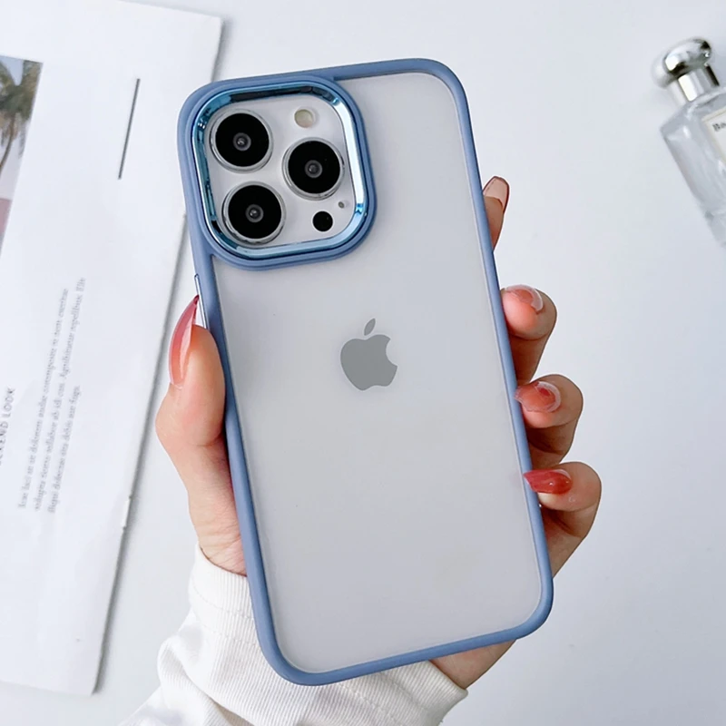 Transparent Phone Case for iPhone 15 14 13 12 11 Pro Max Plus Acrylic Hard Bumper with Plating Metal Camera Ring Color Button