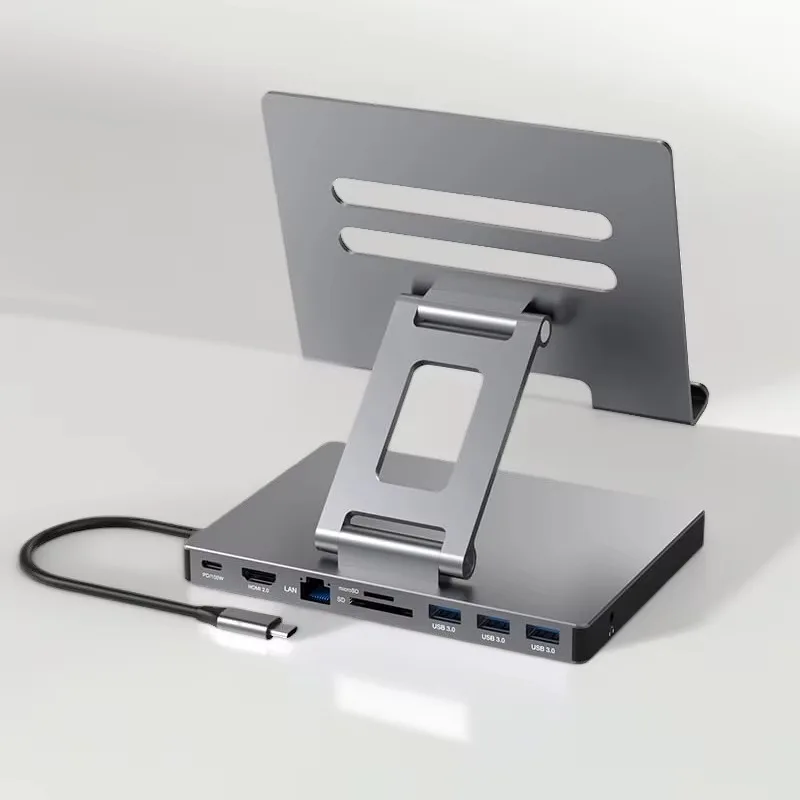 Foldable Docking Station for iPad Pro, USB C Hub Stand, 9 in 1, 4K 60Hz, HDMI RJ45 Gigabit SD, TF Card Reader, 3 USB 3.0