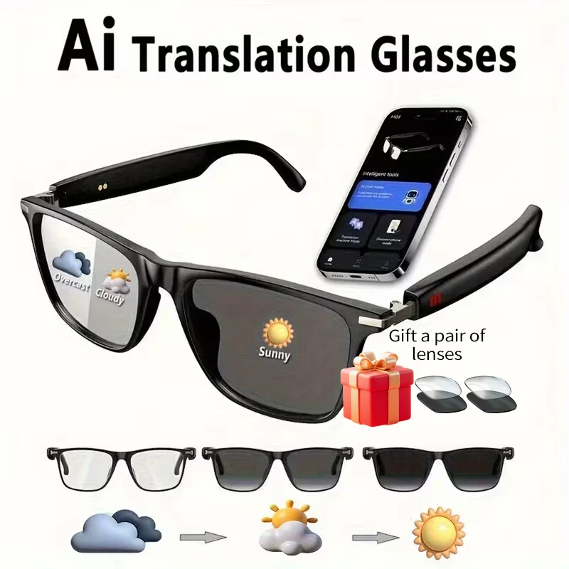 

AI Smart Glasses, Smart Glasses with 100+ Languages Real Time Translation Support, Chat GPT System Gift a transparent lens