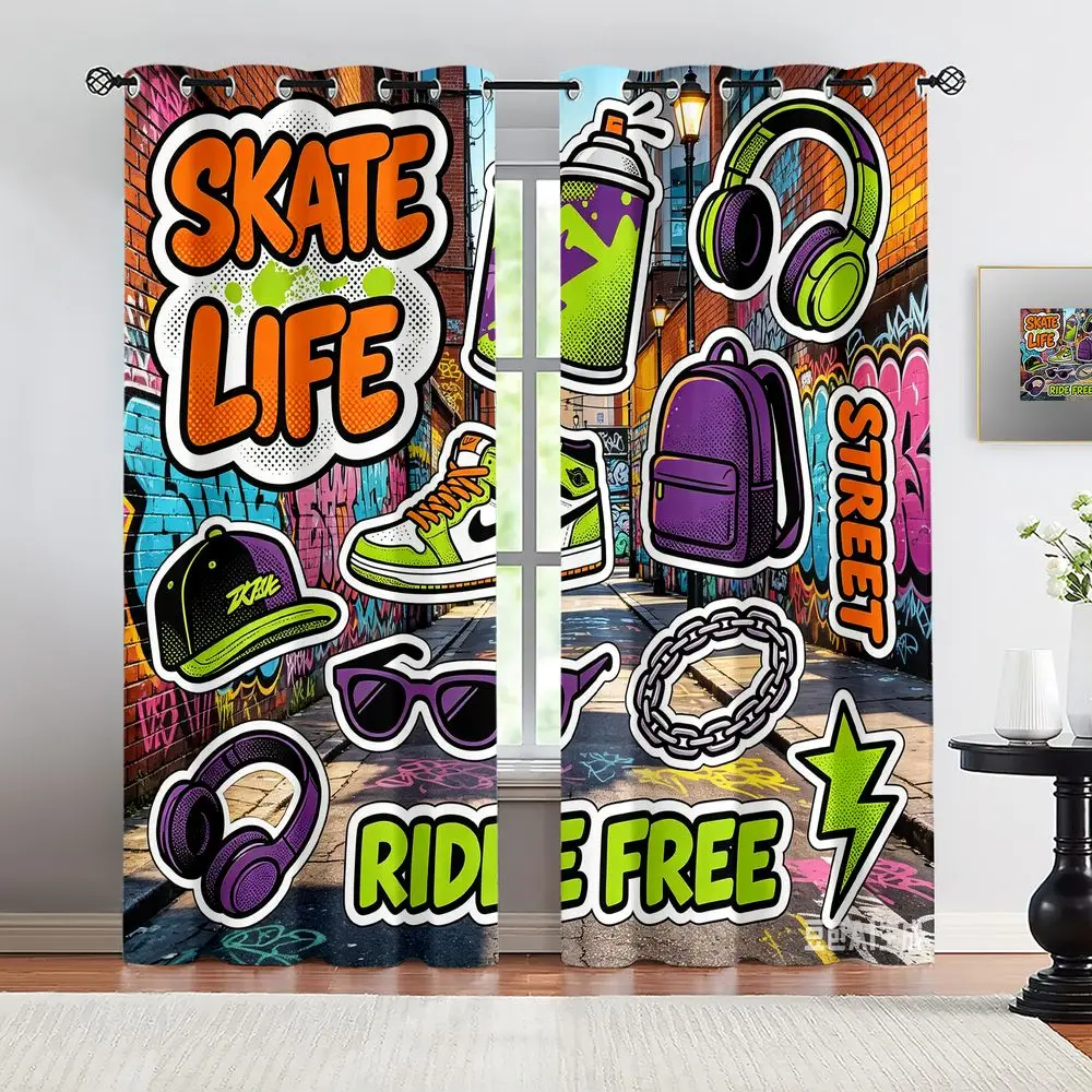 Cortinas con Estampado de Graffiti de Cultura Urbana, Cortinas Vibrantes con Diseño de Vida Skate, Cortinas de Ventana Estilo Hip-Hop para Dormitorio Juvenil, 2 Piezas