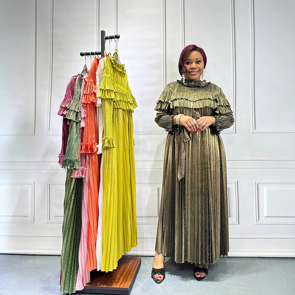 

Fashion African Plus Size Loose Gold Dress for Women Light Luxury Long Sleeve Lace-up Party Gown Casual Miyake Pleated Dress New
