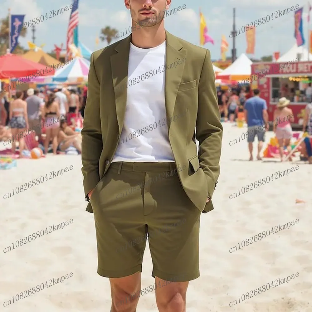 

Blazer And Shorts Army Green Men Suit Formal Business Groom Groomsman Wedding Party Prom Male Tuxedos 2 Piece Set Jacket Pants