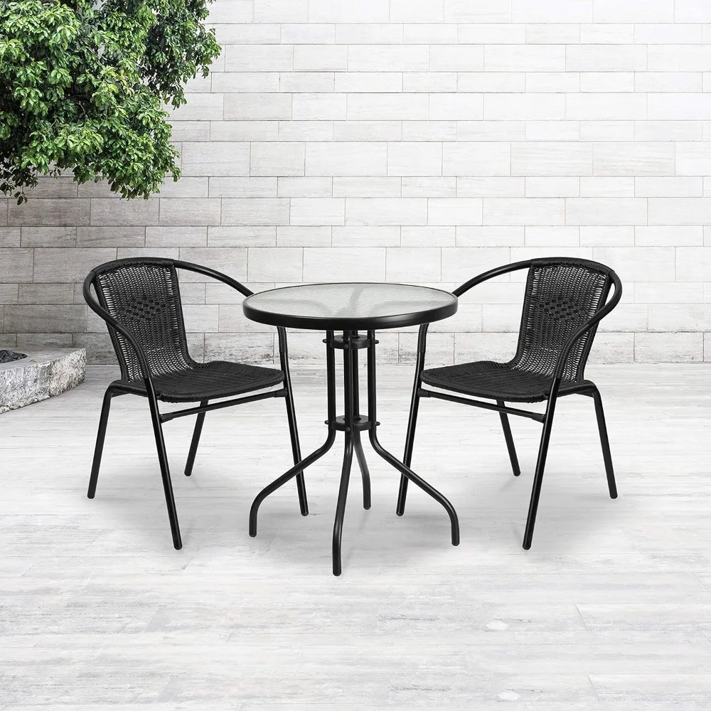 2 Pack Black Rattan Indoor-Outdoor Restaurant Stack Chair with Curved Back