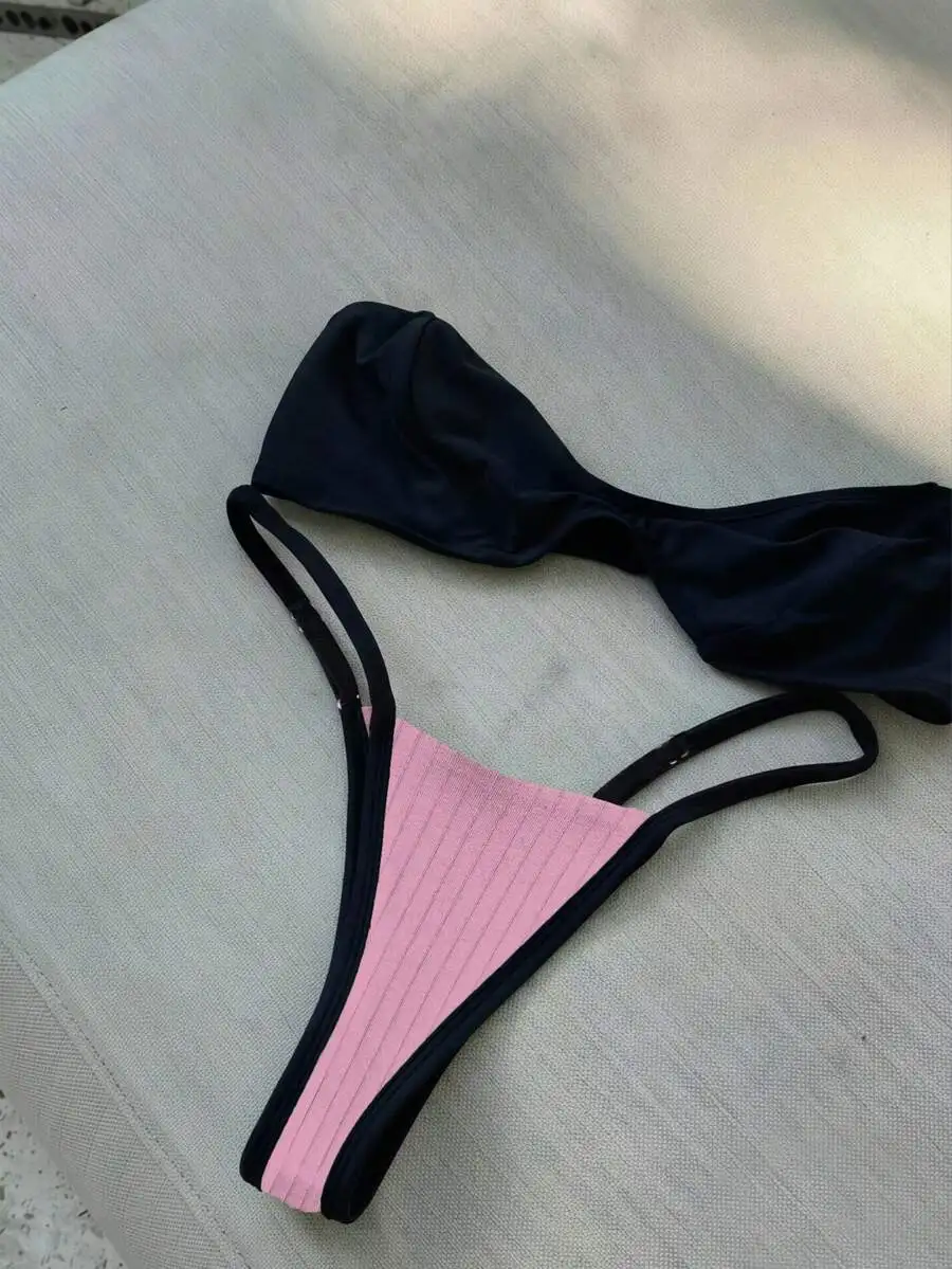 

Womens Two Piece Bikini Set With Pink Ribbed Bottom And Black Top
