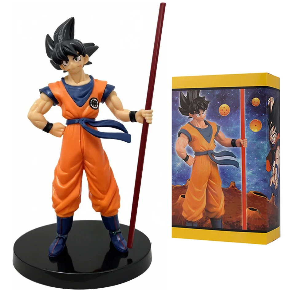 22cm Dragon Ball Super Saiyan Handgehaltene Anime-Figur mit Doppelstab Goku Desktop-Dekoration PVC-Ornamente Anime-Spielzeug Geschenk