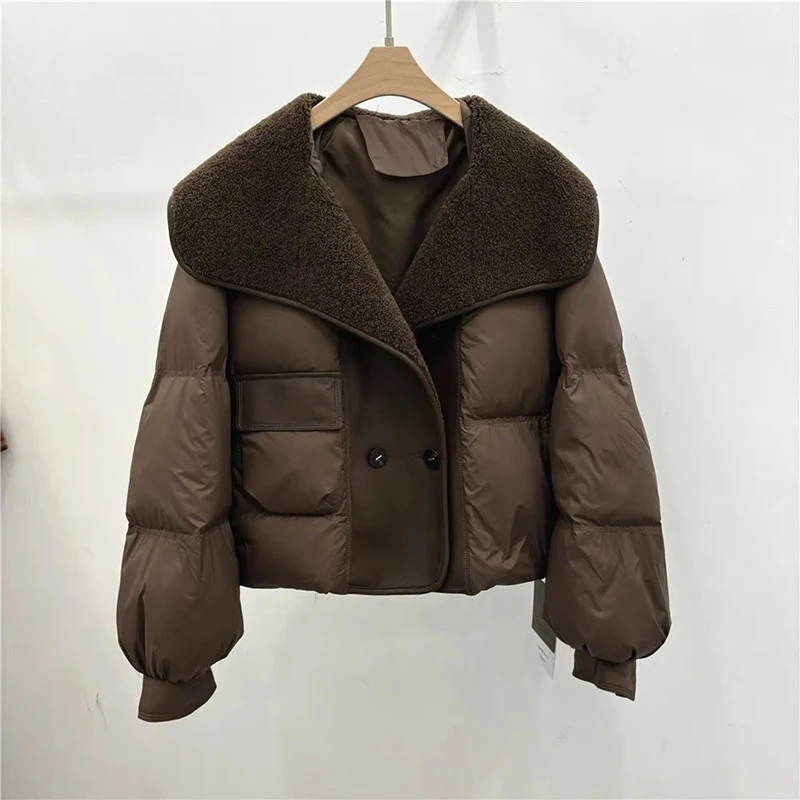 Winter Large Collar White Duck Down Jacket Short Winter Latest Lamb Fur PU White Duck Down Splicing Parka Women