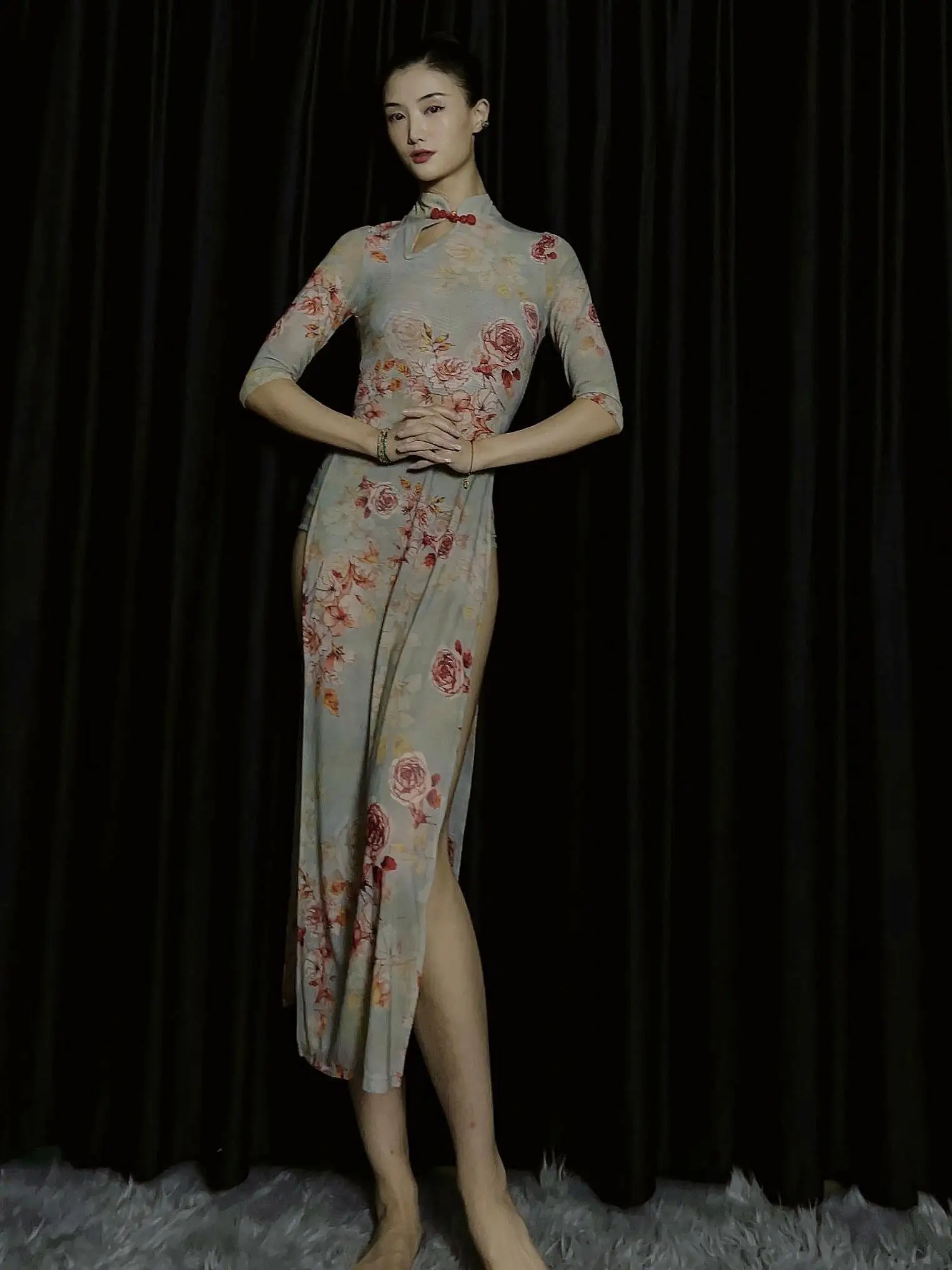 

WYZ Китайский флаг Sle Me Dr Dance с цветочным принтом f Sve Simple Flag Dr Women's Faion Ele Qipao