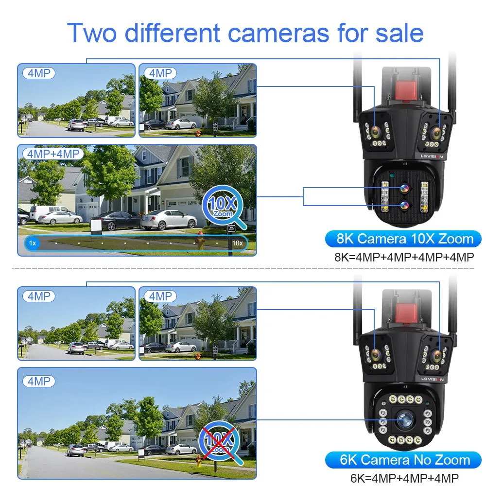LS VISION 8K Outdoor Wireless Wifi Security Camera 10X Optical Zoom Auto Tracking 6K PTZ 4 Lens 3 Screens IP CCTV Cam Waterproof