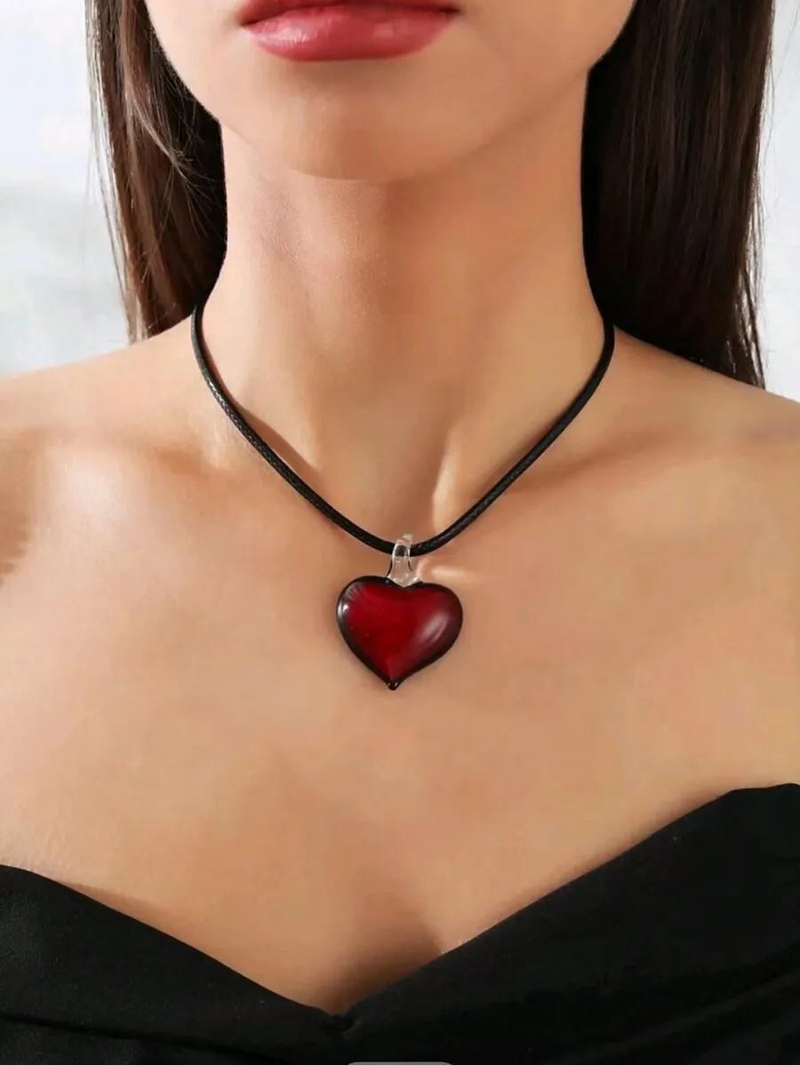 1pc Stylish Elegant Heart Shaped Glass Wax Cord Necklace Suitable For Women To Wear On Festival Occasions Valentines,Mom,Mother,