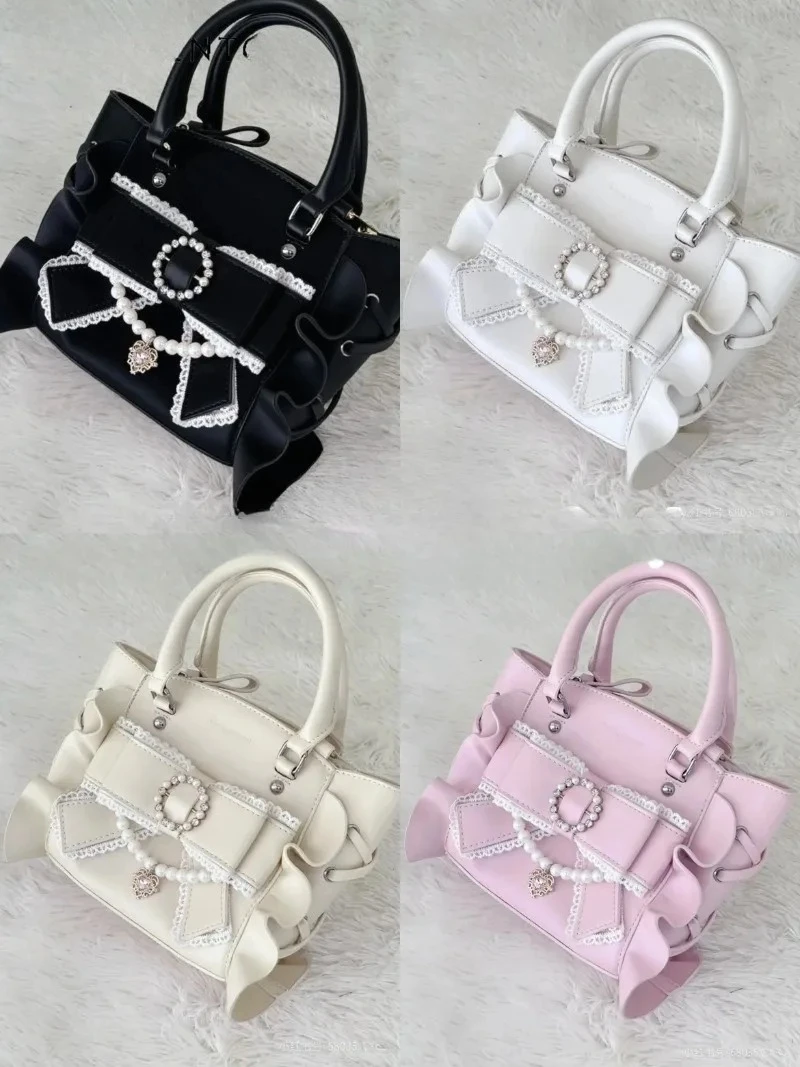 

Japanese Cute Lolita Elegant Princess Handbag Mass Production Pearl Pendant Lace Splicing Bow Solid Color Travel Cosmetic Bag